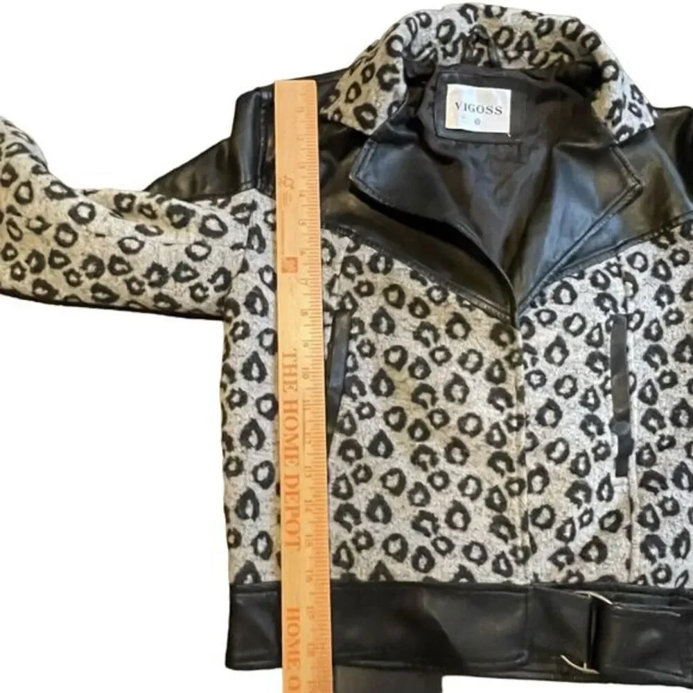 VIGOSS Black Leopard Print Moto Jacket Faux Leather‎ Combo Women's XS